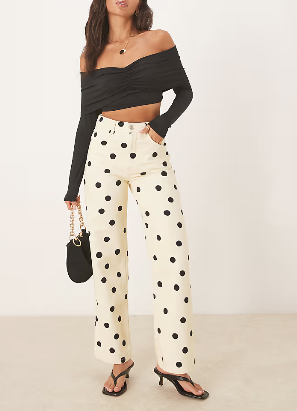 dámske krémové bodkované nohavice